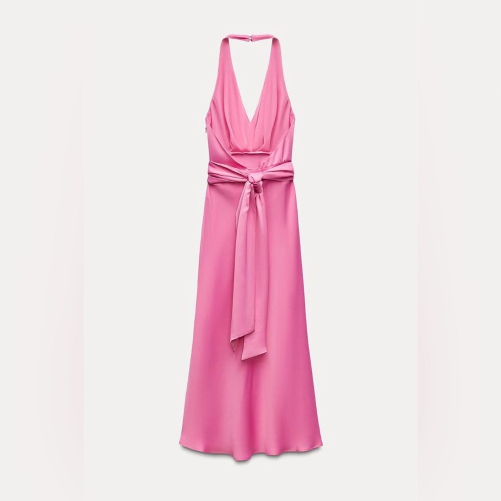 Zara Elegant Pink Satin Effect Halter Dress - Picture 4 of 7